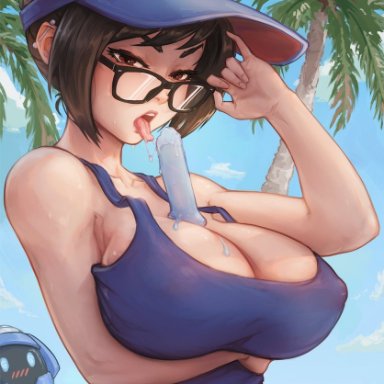 blizzard entertainment, overwatch, mei (overwatch), pappaserho, 1girls, beach, big breasts, cleavage, female, female only, huge breasts, nipple bulge