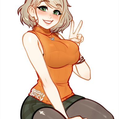 resident evil, ashley graham, blushypixy, blushyspicy, blonde female, blonde hair, green eyes, hand on lap, looking at viewer, orange clothing, part of a series, sitting, smiling, tan hair, white void