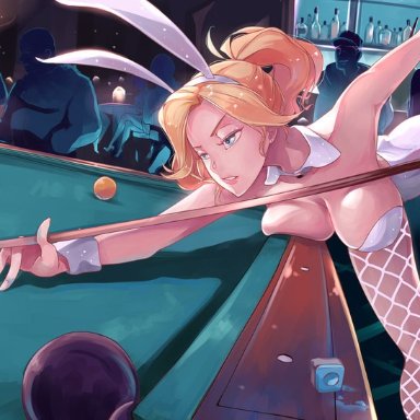 overwatch, mercy, nekomimipunks, billiard table, blonde hair, blue eyes, breast press, bunny ears, bunnysuit, cleavage, clothed, cuff links, white fishnets, white leotard