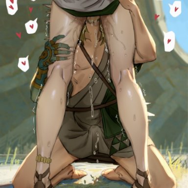 tears of the kingdom, the legend of zelda, link, princess zelda, zelda (tears of the kingdom), peakbuns, 1boy, archaic set (zelda), ass grab, asymmetrical clothes, bare legs, barefoot, bulge, clothes lift, cunnilingus