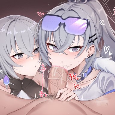 honkai: star rail, honkai (series), bronya rand, silver wolf (honkai: star rail), kisa (leg3043), 1boy, 2girls, :&gt;=, cooperative fellatio, earrings, erection, fellatio, ffm threesome, goggles, goggles on head