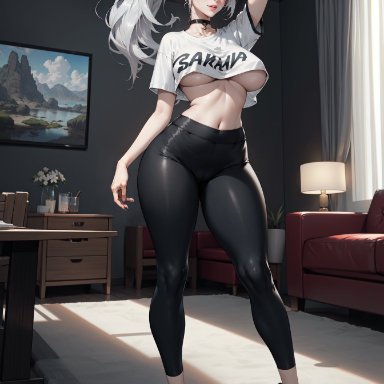 stable diffusion, 1girls, female focus, female penetrated, huge breasts, jogging pants, long hair, ponytail, seductive look, voluptuous, voluptuous female, ai generated