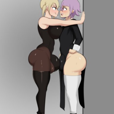 soul eater, crona (soul eater), maka albarn, g3mma, 1boy, 1futa, against wall, balls, bangs, big balls, big penis, blonde hair, bottom heavy, breasts, bulge