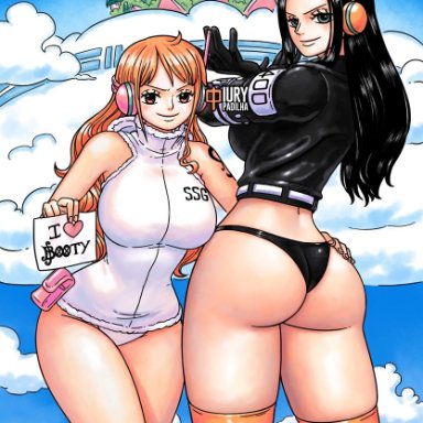 one piece, nami, nico robin, iury padilha, 2girls, ass, ass focus, big breasts, boots, breasts, busty, cleavage, curvy, dat ass, egghead