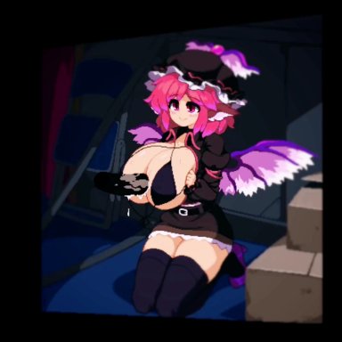 touhou, mystia lorelei, takorin, the editor01, 1boy, 1girls, animal ears, belt, bikini top, blush, breasts, cum between breasts, cum on breasts, disembodied penis, female