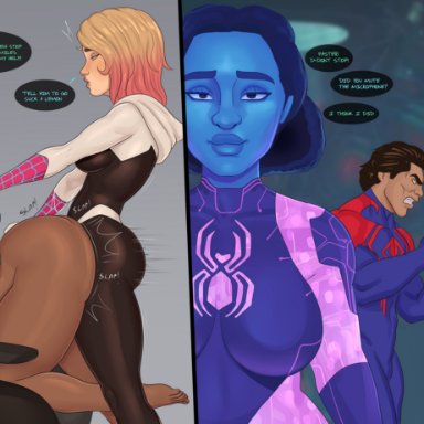 marvel, gwen stacy, margo kess, miguel o'hara, miles morales, spider-byte, spider-gwen, rocner, 1futa, 1girls, 2boys, areolae, big breasts, bottomless, breasts