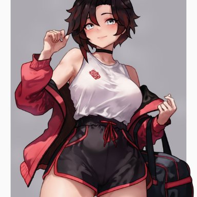 rwby, ruby rose, bluefield, 1girls, alternate breast size, blush, booty shorts, breasts, clothed, clothed female, female, large breasts, light-skinned female, light skin, red eyes