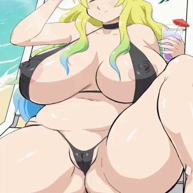 miss kobayashi's dragon maid, lucoa, quetzalcoatl (dragon maid), darm engine, 1boy, 1girls, anus, backsack, balls, beach, big breasts, bikini, breasts, kissing, large breasts