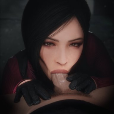 resident evil, resident evil 4, resident evil 4 remake, ada wong, checkpik, 1boy, 1girl, asian, asian female, black hair, blowjob, blowjob face, brown eyes, gloves, light-skinned female