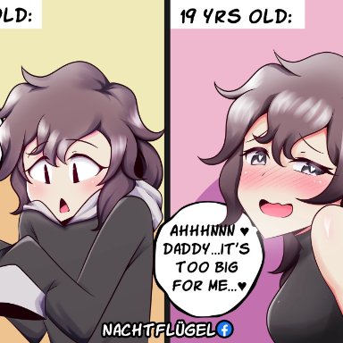 original, original character, nachtfl&#252;gel, 1girls, age progression, before and after, big breasts, blush, clothed sex, daddy, daddy kink, daughter, dominant male, domination, father