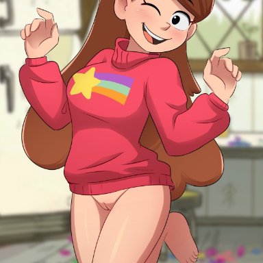 disney, disney xd, gravity falls, mabel pines, cubedcoconut, 1girls, accessory, aged up, black eyes, blurry background, blush, bottomless, brown hair, clothed, clothing