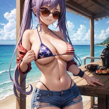 genshin impact, keqing (genshin impact), stable diffusion, 1girls, american flag, american flag bikini, beach, bikini, breasts, brown-tinted eyewear, large breasts, looking over eyewear, looking over glasses, looking over sunglasses, purple eyes