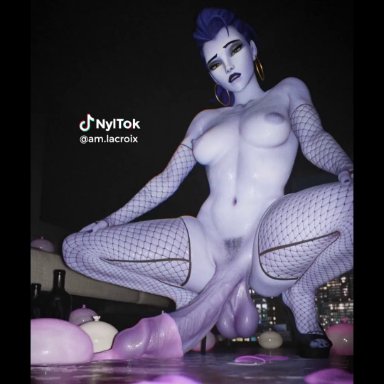 blizzard entertainment, overwatch, tiktok, amelie lacroix, widowmaker, nyl2, 1futa, athletic futanari, balls, biting lip, bottle, clenched balls, clenching balls, condom, condom balloon