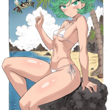 one-punch man, tatsumaki, gonzalo costa, mogudan, 1girls, beach, bikini, bikini bottom, bikini top, blush, blushing, crab, eyebrows, eyelashes, female