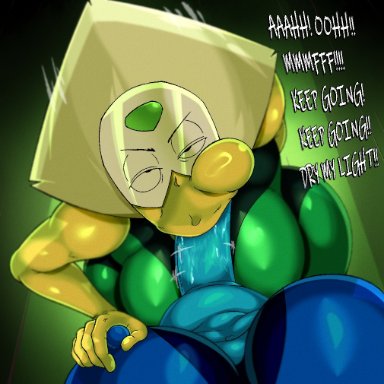 steven universe, gem (species), lapis lazuli (steven universe), peridot (steven universe), ceegee, 1futa, 1girls, :&gt;=, big breasts, big penis, blowjob, blue body, blue skin, bodily fluids, breasts