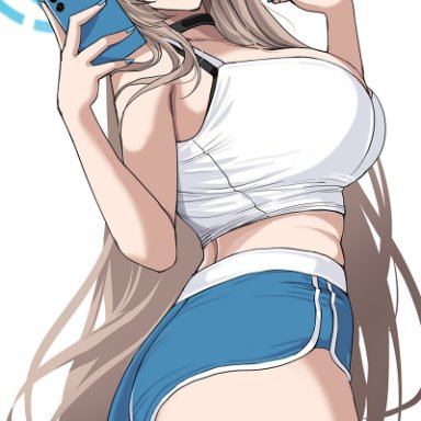 blue archive, asuna (blue archive), drogod (artist), 1girls, adult, adult girl, ass, blonde hair, blue eyes, blush, booty shorts, breasts, bubble butt, butt crack outline, dolphin shorts