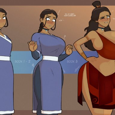 avatar the last airbender, nickelodeon, katara, zetaskully, 1girls, 5 fingers, alternate breast size, ass, ass expansion, blue eyes, blush, braided hair, breast expansion, breasts, brown hair