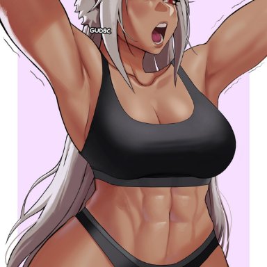 my hero academia, miruko, rumi usagiyama, usagiyama rumi, gud0c, 1girls, abs, breasts, bunny ear, dark-skinned female, huge breasts, muscular, muscular female, red eyes, sleepy