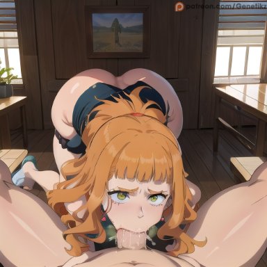 black clover, mimosa vermillion, genetikz, ass, ass view, big ass, big butt, blowjob, deep throat, deepthroat, drooling, long hair, orange eyes, orange hair, pants down