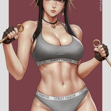 spy x family, street fighter, yor briar, yor forger, sciamano240, 1girls, assassin, barely clothed, black hair, clothed, clothing, cowboy shot, fighting stance, fingerless gloves, gold headband