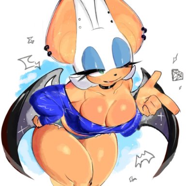 sega, sonic (series), sonic the hedgehog (series), rouge the bat, usa37107692, bat, bat ears, bat girl, bat wings, big breasts, big thighs, blue eyeshadow, blue shirt, bottom heavy, breasts