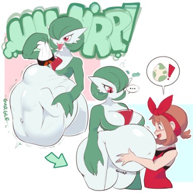 pokemon, pokemon oras, pokemon rse, brendan (pokemon), gardevoir, may (pokemon), pokemon (species), dwps, 1boy, 2girls, after vore, ass expansion, big ass, big belly, big breasts