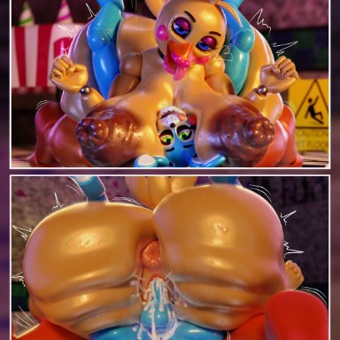 five nights at freddy's, five nights at freddy's 2, fnaf, toy bonnie (fnaf), toy chica (fnaf), duranomates, big ass, big breasts, breasts, bubble butt, disgusting, huge ass, 3d, tagme