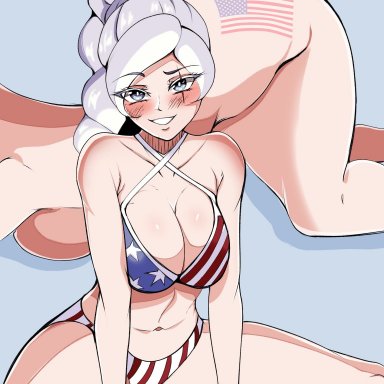 4th of july, rooster teeth, rwby, weiss schnee, hyperrxgue, 1female, 1girls, american flag bikini, female, female focus, female only, simple background, smile, solo, solo female