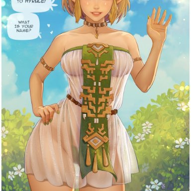 nintendo, tears of the kingdom, the legend of zelda, hylian, princess zelda, zelda (tears of the kingdom), prywinko, 1girls, dress, elf ears, elf female, female, female focus, female only, hand on hip