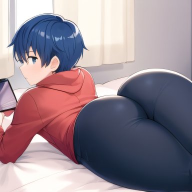 original, original character, 1boy, ass, ass focus, ass up, back view, bed, bedroom, big ass, big butt, blue eyes, blue hair, bubble ass, bubble butt