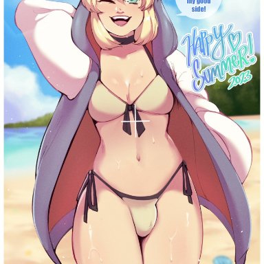 guilty gear, guilty gear strive, bridget, chikkibug, 1futa, arm behind head, beach, bikini, blonde hair, breasts, british, british female, bulge, camera view, detailed background