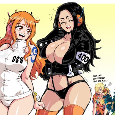 one piece, nami, nico robin, lewdamone, 2boys, 2girls, big breasts, black hair, blue eyes, large breasts, orange hair