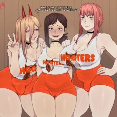 chainsaw man, hooters, higashiyama kobeni, makima (chainsaw man), power (chainsaw man), piccolonsfw, 1girls, 2futas, ass, big ass, big breasts, breasts, bulge, cameltoe, cleavage