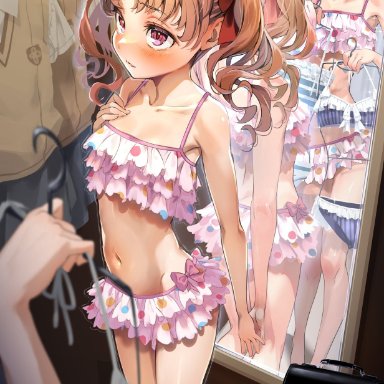 to aru kagaku no railgun, to aru majutsu no index, misaka mikoto, shirai kuroko, yonabe, 2girls, :d, armband, ass visible through thighs, back, bag, bare legs, bare shoulders, bikini, blue bikini