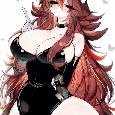 friday night funkin, sonic (series), girlfriend (friday night funkin), shadow the hedgehog (cosplay), usa37107692, ahoge, animal ears, auburn hair, blush, choker, heart, highlights (coloring), large breasts, leotard, long hair