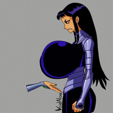 teen titans, blackfire, starfire, void aloe, alternate breast size, angry, annoyed, big breasts, black hair, bouncing breasts, clothed, floating hands, gigantic breasts, goth girl, huge breasts