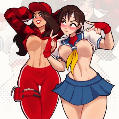 capcom, epic games, fortnite, street fighter, ruby (fortnite), sakura kasugano, magaska19, 2girls, arms behind head, athletic, athletic female, big , blue skirt, blush, blushing