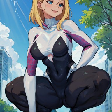 spider-man (series), gwen stacy, gwen stacy (spider-verse), spider-gwen, mabi ai, 1girls, big breasts, blonde hair, blue eyes, bodysuit, breasts, cameltoe, curvy, large breasts, squatting