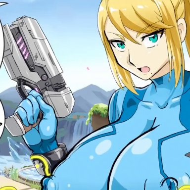 metroid, super smash bros., samus aran, zero suit samus, darm engine, opaluva, blonde hair, blue eyes, bounty hunter, high heel boots, mating press, ponytail, ripped clothing, torn clothes, zero suit