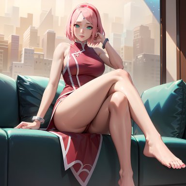 boruto: naruto next generations, naruto, naruto (series), haruno sakura, sakura haruno, nai diffusion, stable diffusion, 1girls, bare legs, bare shoulders, barefoot, blush, breasts, china dress, chinese clothes