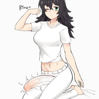 kuroki tomoko, mogire, 1futa, asian, asian futanari, balls, belly, belly button, big penis, black hair, breasts, clothed, clothing, creepforalius, dark hair