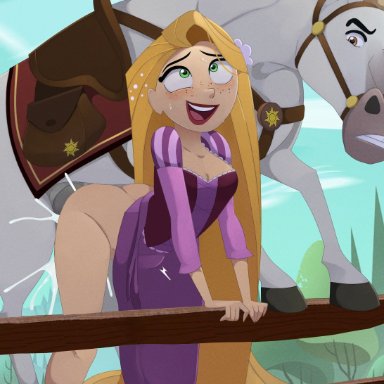 disney, tangled, tangled: the series, maximus (tangled), rapunzel, biocrine, ass, big butt, blonde hair, blush, bodily fluids, breasts, clothed, clothing, cum