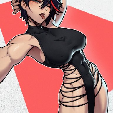 kill la kill, matoi ryuuko, stopu, 1girls, abs, arm behind head, armpits, black hair, blue eyes, blush, breasts, female, goth, muscular, muscular female