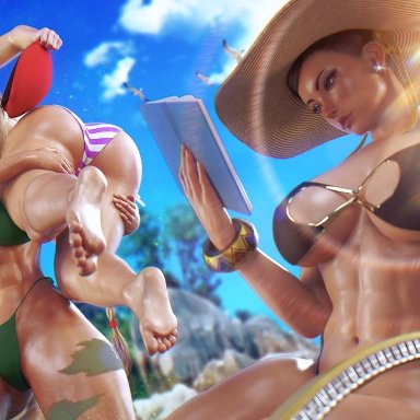 capcom, street fighter, street fighter 6, cammy white, chun-li, juri han, milapone, 3girls, abs, asian, asian female, ass, athletic, athletic female, beach