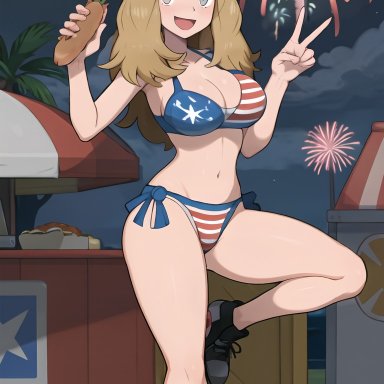 pokemon, pokemon xy, serena (pokemon), serena (pokemon games), stable diffusion, 1girls, american flag bikini, bikini, grey eyes, large breasts, solo, thick thighs, wide hips, ai generated, self upload