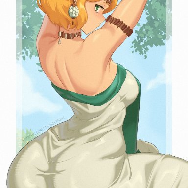 nintendo, tears of the kingdom, the legend of zelda, hylian, princess zelda, zelda (tears of the kingdom), mandytsune, ass, bare shoulders, big ass, blonde hair, green eyes, looking back, pointy ears, rear view