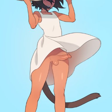 oskar (coffee.png), matemi, 5 fingers, 5 toes, animal tail, blue background, blue eyes, blush, bottomless, brown hair, catboy, dark-skinned femboy, dark-skinned male, dark skin, erect penis