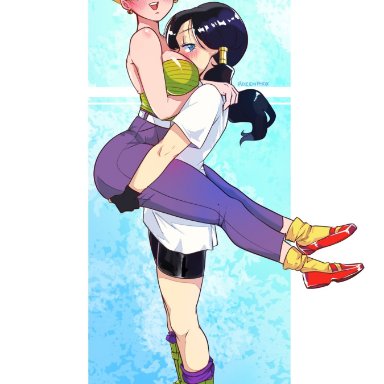 dragon ball, dragon ball z, erasa, videl, puffphox, 2girls, ass, bisexual (female), bisexual pride colors, blonde hair, blue eyes, blush, boots, carrying partner, female