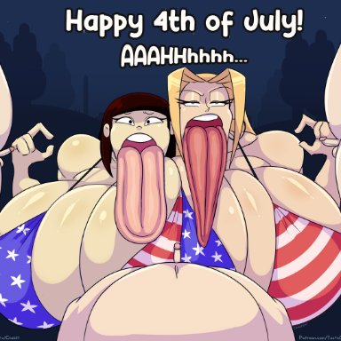 4th of july, cream vanilla, honey tanaka, tasteofchoklit, 2girls, 3boys, american flag bikini, asian female, big breasts, big penis, deception, humiliation, long tongue, micro bikini, micro penis