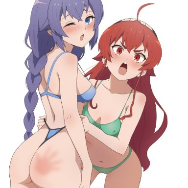 mushoku tensei, eris greyrat, roxy migurdia, animanghayodraw, 2girls, ass, big ass, bikini, bikini top, blue eyes, blush, female, female only, long hair, medium breasts